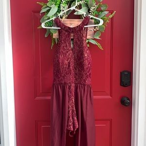 Burgundy’s homecoming/prom dress with gold accents